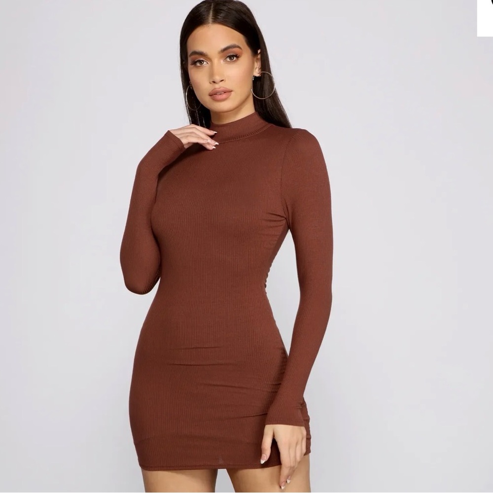 Windsor Chocolate Brown Ribbed Long-Sleeve Bodycon Dress